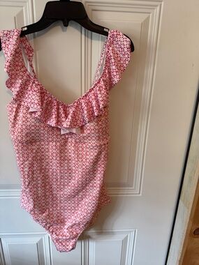 Cabana Life Coral and White Geo Ruffle One-Piece